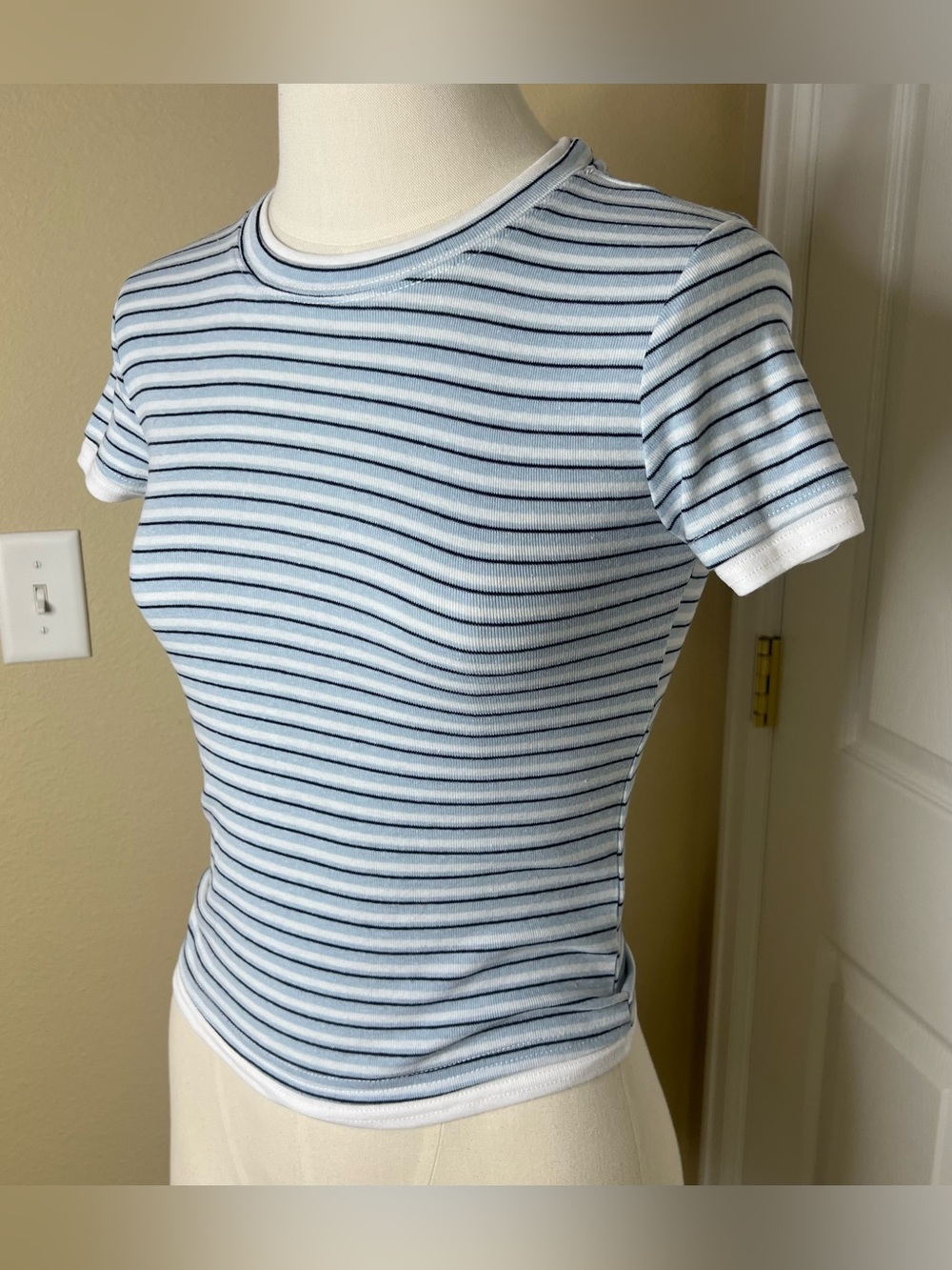 HIPPIE ROSE Striped Blue & White Short Sleeve Ribbed Tee